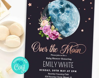 Over the Moon Baby Shower Invitation Editable Template Boho moon Baby Shower Invite Download Purple lilac