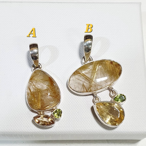 Golden Rutilated quartz pendant 925 sterling silver, Rutilated mulit stone pendant,Rutilated quartz pendant,gemstone pendants, Lazuritegems