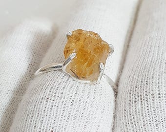 Anillo de topacio dorado en bruto en plata 925, anillo de topacio genuino, anillo de cristal de topacio, joyas de topacio dorado en bruto, anillos de plata, anillo hecho a mano, topacio dorado