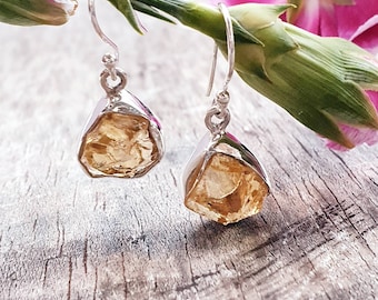 May include: A pair of silver earrings with a raw, yellow citrine gemstone dangle. The citrine is a natural, irregular shape and has a warm, golden hue.