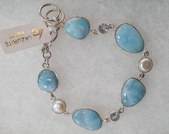Pulsera de larimar en plata 925, pulsera de perla larimar, pulsera de cristal, pulsera de piedras preciosas, pulsera de plata larimar auténtica, topacio larimar perla