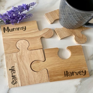 Personalised Name Jigsaw Wooden Coaster, Engraved Wood Jigsaw, Jigsaw Coaster Gift