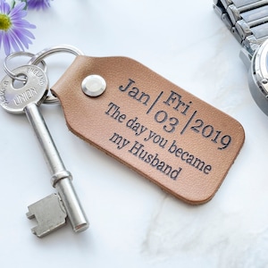 Personalised Leather Calendar Keyring Gift, Wedding, 3rd Anniversary Gift - Custom Text Keychain