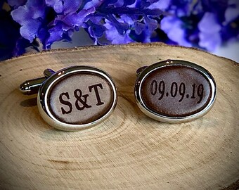 Personalised Oval Cufflinks Initials / Date Engraved Genuine Cordovan Leather Cuff links 3rd Anniversary Gift Wedding Groom