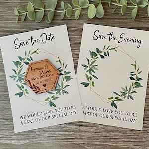 Wooden save the date magnet and cards, Personalised Initials Save The Date, Wedding Invitation, Wood Save The Date Hexagon Magnet