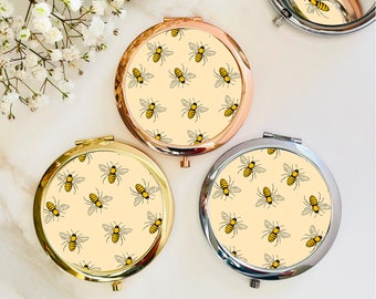 Bee Rose Gold Compact Mirror, Purse Mirror, Pocket Mirror, Travel Mirror, For Her, Makeup Mirror, Bridesmaid Gift, Handbag Wedding Gift