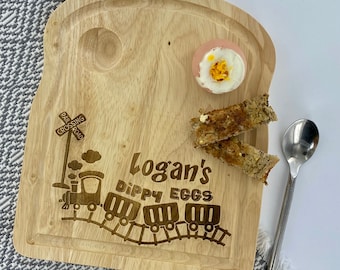 Personalised Name Train Dippy Eggs Toast Shape Egg Breakfast Board Easter Gift