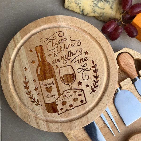 Personalised Names - Cheese & Wine and all things Fine - Round Cheese Board - Wedding  Anniversary Gift