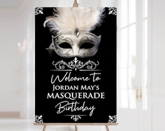Znak na imprezę maskową, czarno-biała maskarada, znak powitalny na maskaradę, drukowane znaki na maskę, bal maskowy, szablon Corjl, Corjl