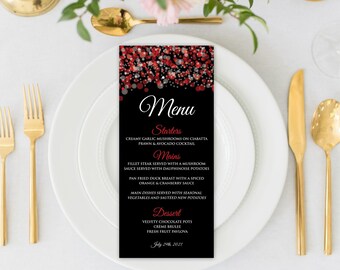 Menu urodzinowe Red and Black, Menu Red and Silver, Menu imprezowe Red and Black, Black Red and Silver, Szablon menu, Szablon Corjl, Corjl
