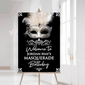 Signo de fiesta de mascarada, mascarada en blanco y negro, signo de bienvenida de mascarada, signos imprimibles de máscara, baile de máscaras, plantilla Corjl, Corjl