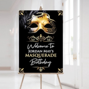 Masquerade Party Welcome Sign, Black and Gold Masquerade, Masquerade Invites, Mask Printable Sign, Masked Ball, Corjl Template, Corjl