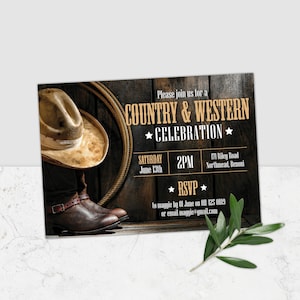 May include: A rustic invitation for a Country & Western celebration. The invitation features a cowboy hat, boots, and a lasso on a wooden background. The text on the invitation reads "Please join us for a Country & Western Celebration", "Saturday, June 13th", "2PM", "171 Riley Road, Northmead, Benoni", and "RSVP to maggie by 01 June on 011 425 0189 or email maggie@gmail.com".