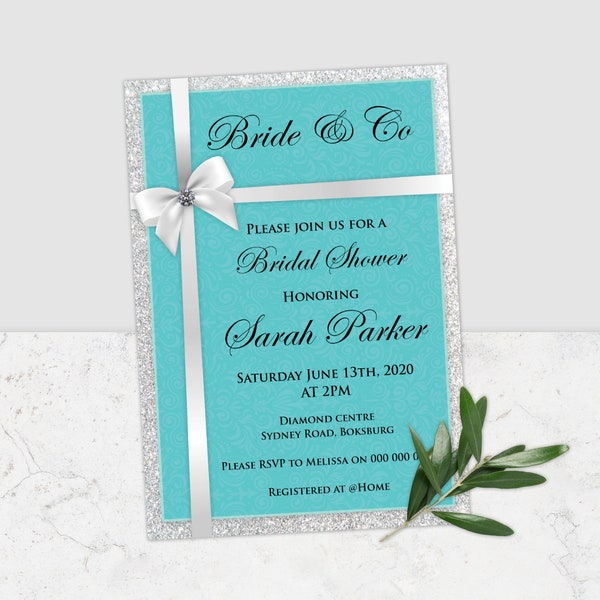 Teal & Silver Bridal Shower Invitation, Turquoise Wedding Shower Invitation Template, Editable Printable File, Bridal Shower, Teal, Corjl