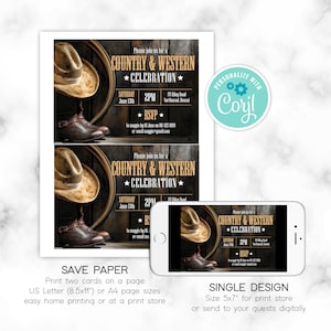 May include: Printable invitation for a Country & Western celebration. The invitation features a rustic wooden background with a cowboy hat and boots. The text on the invitation reads "Please join us for a Country & Western Celebration" with the date and time of the event. The invitation also includes a RSVP information.
