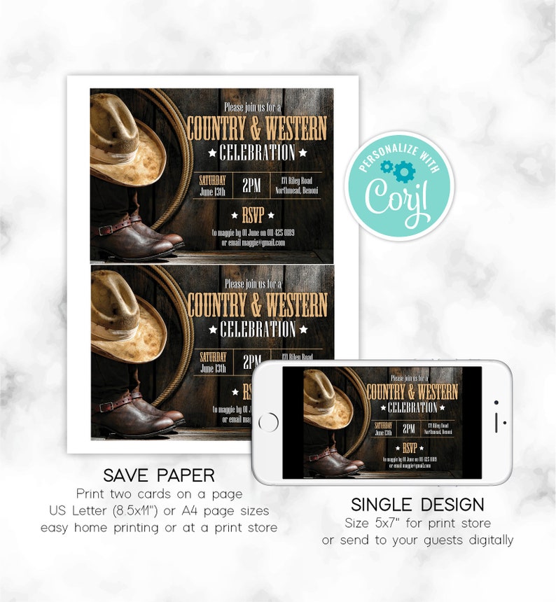 May include: Printable invitation for a Country & Western celebration. The invitation features a rustic wooden background with a cowboy hat and boots. The text on the invitation reads "Please join us for a Country & Western Celebration" with the date and time of the event. The invitation also includes a RSVP information.