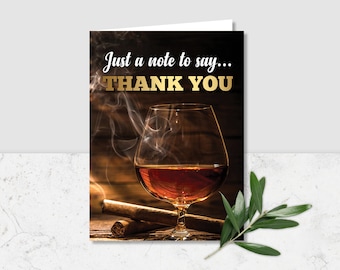 Karta z podziękowaniami Aged to Perfection, Karta na imprezę Whisky, Karta z podziękowaniami, Szablon Corjl, Whisky i cygaro, Impreza cygarowa, Emerytura, Whiskey