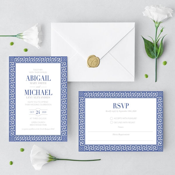 Greek Wedding Invitation, Greek Party Invitation, Greek Invitation, Greece Invitation, Greece Theme Invitation, Greece, Mediterranean, Corjl