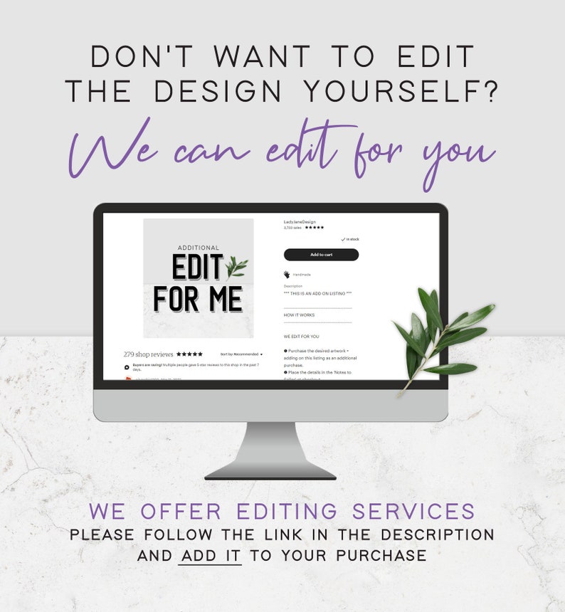 May include: A computer screen displaying a listing for an Etsy shop that offers editing services for designs. The listing is titled "Additional Edit For Me" and has a 5-star rating with 279 reviews. The listing description explains that the service is an add-on to an existing listing and provides instructions on how to purchase the service.