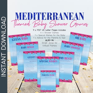 Mediterrane babyshowerspellen, babyshowerspellen, virtuele douchespellen, Grieks feest, Mediterraan, babyshower, PDF