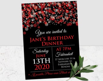 Red and Black Birthday Invitation, Red and Silver Invitation, Red and Black Party Flyer, Black Red and Silver Invite, Corjl Template, Corjl