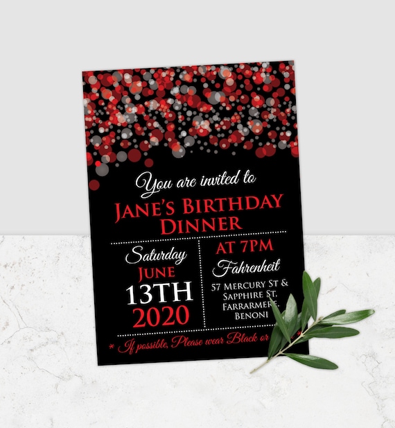 Red and Black Birthday Invitation Red and Silver Invitation Etsy