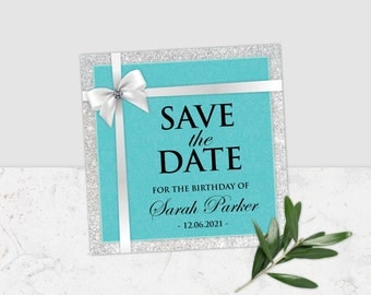 Turkusowo-srebrny Save the Date, Turkusowy szablon zaproszenia na przyjęcie weselne Save the Date, edytowalny plik do wydruku, Save the Date, Turkusowo-srebrny, Corjl