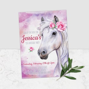 Paard verjaardagsuitnodiging, verjaardagsuitnodiging voor meisjes, paard partij uitnodigen, paard uitnodiging, aquarel paard uitnodigen, paard, Corjl