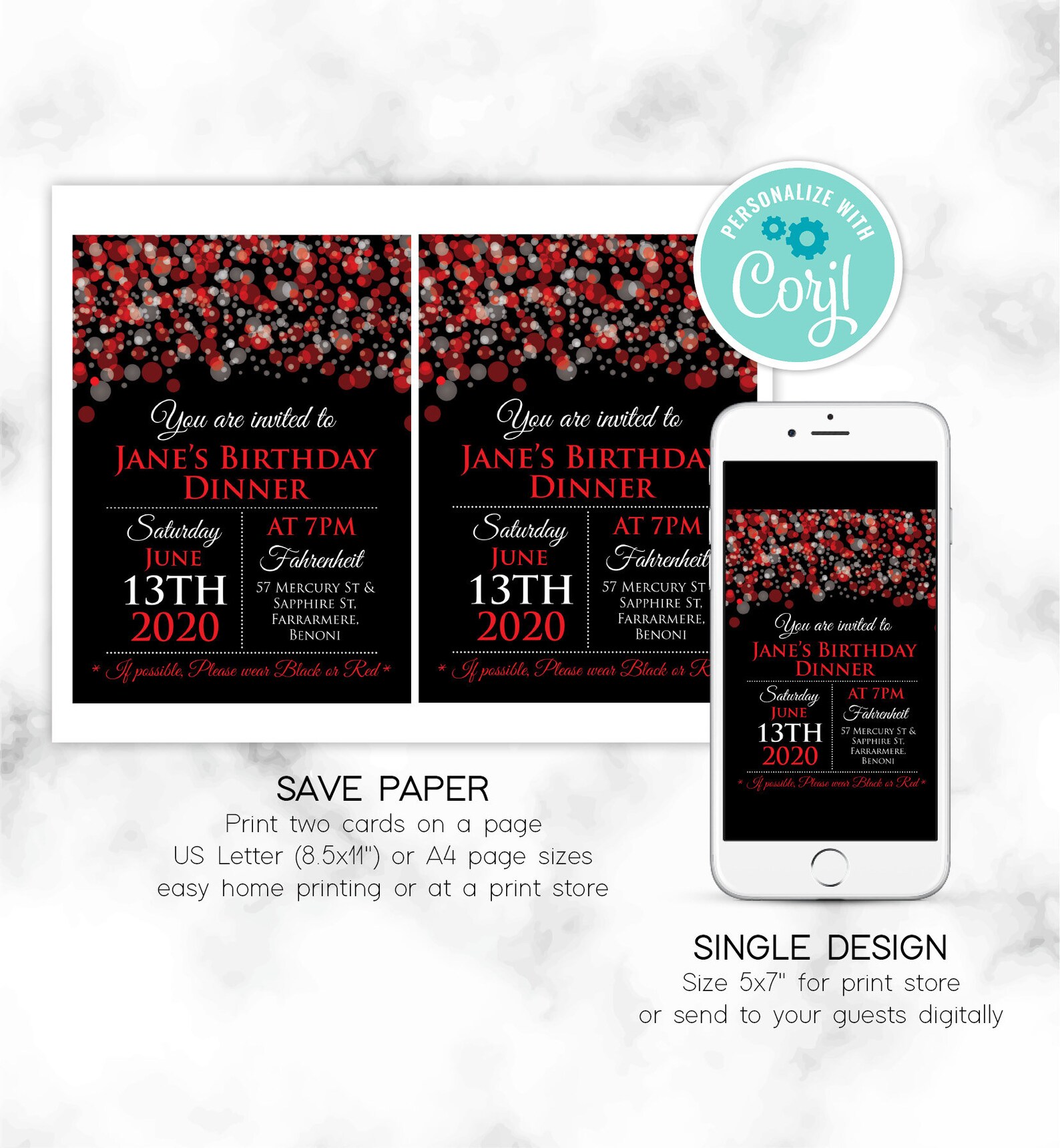 Red and Black Birthday Invitation Red and Silver Invitation Etsy