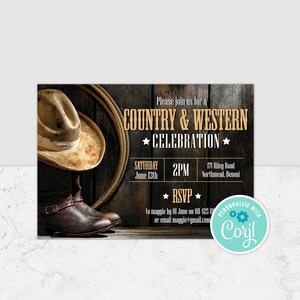 May include: A rustic invitation for a country and western celebration. The invitation features a cowboy hat, boots, and a lasso on a wooden background. The text on the invitation reads "Please join us for a Country & Western Celebration", "Saturday June 13th", "2PM", "171 Riley Road Northmead, Benoni", "RSVP to maggie by 01 June on 011 425 or email maggie@gmail.com", and "Personalize with Coril".