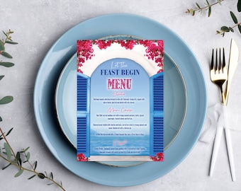 Menu na imprezę w stylu śródziemnomorskim, edytowalne menu na imprezę, szablon menu do wydruku, grecka impreza, śródziemnomorski, Grecja, Corjl