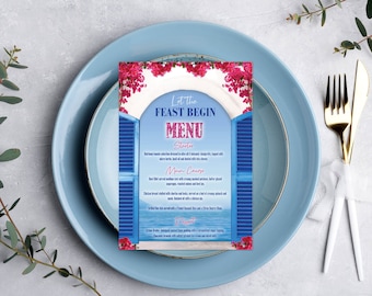 Mediterranean Style Party Menu, Editable Party Menu, Printable Menu Template, Greek Party, Mediterranean, Greece, Corjl