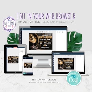 May include: A mockup of a computer screen, tablet, and smartphone showing a customizable invitation template for a country and western themed event. The invitation features a brown wooden background with a cowboy hat, boots, and a barrel. The text on the invitation reads "Country & Western Celebration".