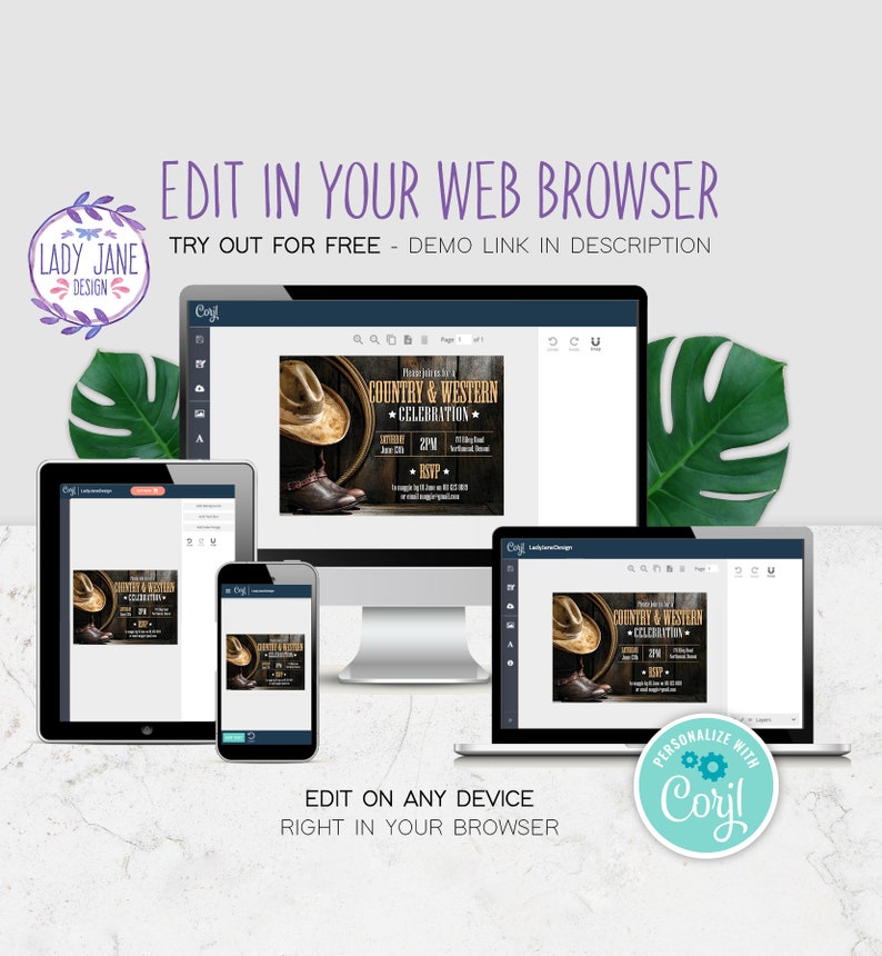 May include: A mockup of a computer screen, tablet, and smartphone showing a customizable invitation template for a country and western themed event. The invitation features a brown wooden background with a cowboy hat, boots, and a barrel. The text on the invitation reads "Country & Western Celebration".