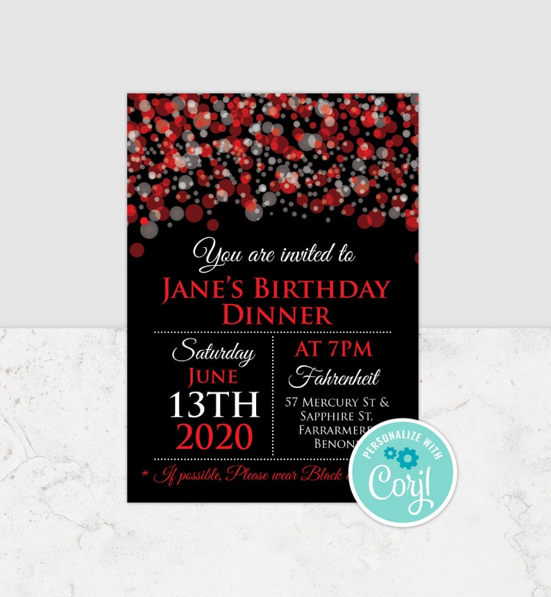 Red and Black Birthday Invitation Red and Silver Invitation Etsy