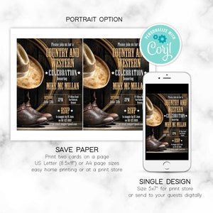 May include: Two printable invitation cards for a country and western celebration. The cards feature a brown cowboy hat, brown leather boots, and a rustic wooden background. The text on the cards reads "Country and Western Celebration" and "Mike Mc Millan".