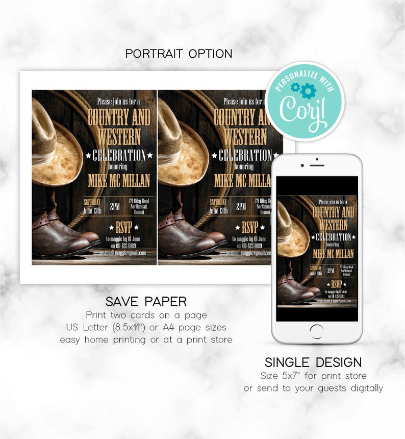 May include: Two printable invitation cards for a country and western celebration. The cards feature a brown cowboy hat, brown leather boots, and a rustic wooden background. The text on the cards reads "Country and Western Celebration" and "Mike Mc Millan".