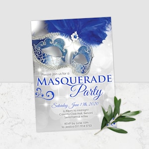 Masquerade Party Invitation, Blue and Silver Masquerade Party Invitation, Masquerade Birthday Invite, Masked Ball Invitation Template, Corjl