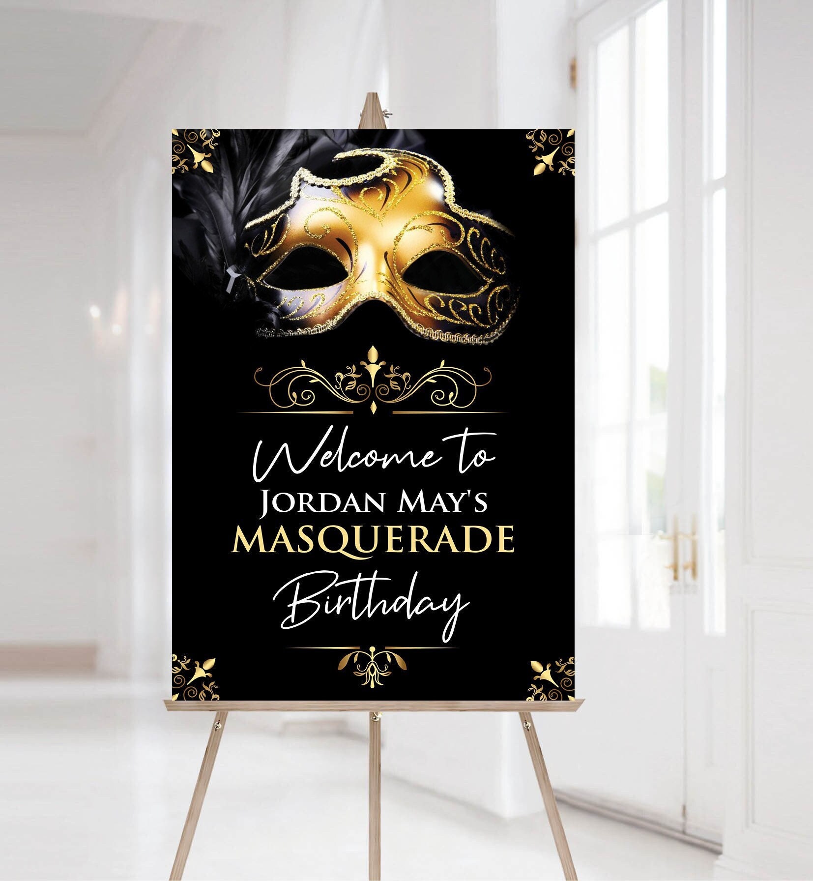 Masquerade Party Welcome Sign Black and Gold Masquerade