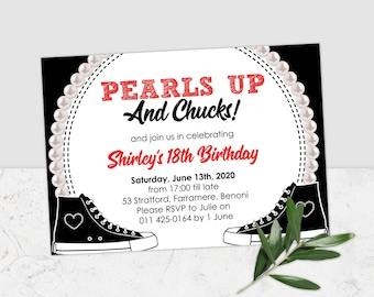 Zaproszenie na Pearls and Chucks, Zaproszenie na Chucks and Pearls, Zaproszenie na urodziny Sneaker, Chucks and Pearls, Zaproszenia All Star, Sneaker, Corjl