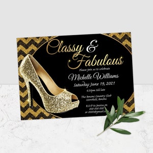 Classy & Fabulous Invitation, Sparkle Heel Birthday Invitation, Gold Glitter Invitation, Glitter Shoe Invite, Sparkles, Gold Heels, Corjl