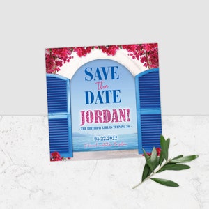 mediterranen Stil Party Sparen Sie das Datum, Sparen Sie das Datum bearbeitbare Vorlage, Mediterran Party, Sparen Sie das Datum, Pink und Blau, Griechenland, Corjl
