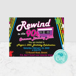 May include: A black and neon-colored invitation for a 90s themed birthday party. The invitation features a cassette tape and the text "Rewind to the 90s Summer Birthday Bash". The invitation also includes the text "You are invited to Megan's 30th Birthday Celebration Saturday, February 18, 2020 at 8:00 PM 72 Russell Road, Benoni P.S. Don't forget your dancing shoes".