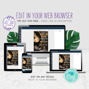 May include: A mockup of a computer screen, tablet, and phone showing a customizable invitation template for a country and western celebration. The invitation features a cowboy hat and boot on a wooden background. The text on the invitation reads "Country and Western Celebration" and "Meet Me McMillan". The invitation is being edited using the online design tool "Coryl".