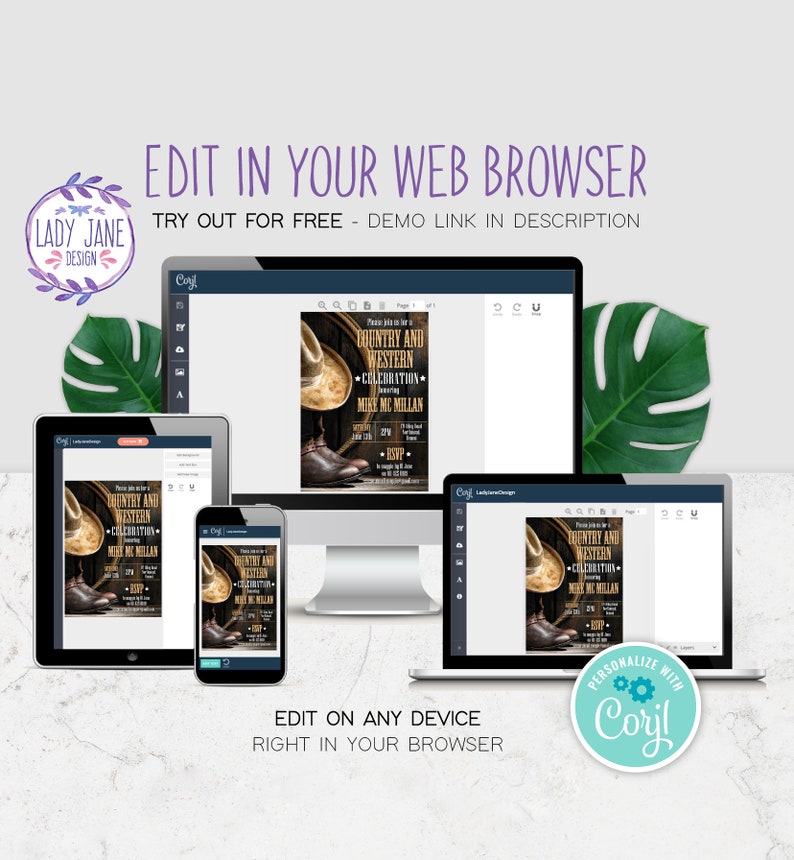 May include: A mockup of a computer screen, tablet, and phone showing a customizable invitation template for a country and western celebration. The invitation features a cowboy hat and boot on a wooden background. The text on the invitation reads "Country and Western Celebration" and "Meet Me McMillan". The invitation is being edited using the online design tool "Coryl".