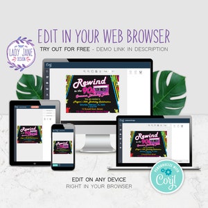 May include: A mockup of a 90s themed birthday invitation on a computer screen, tablet, and phone. The invitation is designed in a retro style with bright colors and a cassette tape graphic. The text on the invitation reads "Rewind to the 90s Summer Birthday Bash".