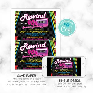 May include: Two printable invitations for a 90s themed birthday party. The invitations are black with neon green, pink, and blue stripes. The text on the invitations reads "Rewind to the 90s Summer Birthday Bash".