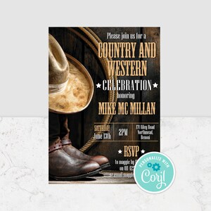 May include: A rustic invitation for a country and western celebration honoring Mike Mc Millan. The invitation features a cowboy hat, boots, and a rope on a wooden background. The event is scheduled for Saturday, June 13th at 2 PM. The address is 171 Riley Road, Northmead, Benoni. RSVP to Maggie by phone or email.