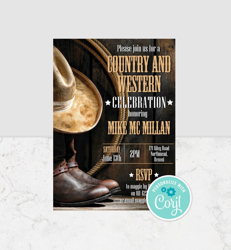 May include: A rustic invitation for a country and western celebration honoring Mike Mc Millan. The invitation features a cowboy hat, boots, and a rope on a wooden background. The event is scheduled for Saturday, June 13th at 2 PM. The address is 171 Riley Road, Northmead, Benoni. RSVP to Maggie by phone or email.
