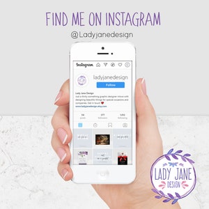 May include: A screenshot of an Instagram profile for Lady Jane Design, a graphic designer. The profile picture is a purple floral wreath with the text "Lady Jane Design" inside. The profile bio reads "Just a thirty-something graphic designer inlove with designing beautiful things for special occasions and companies. Get in touch www.ladyjanedesign.etsy.com". The profile has 54 posts, 377 followers, and 1,012 following.